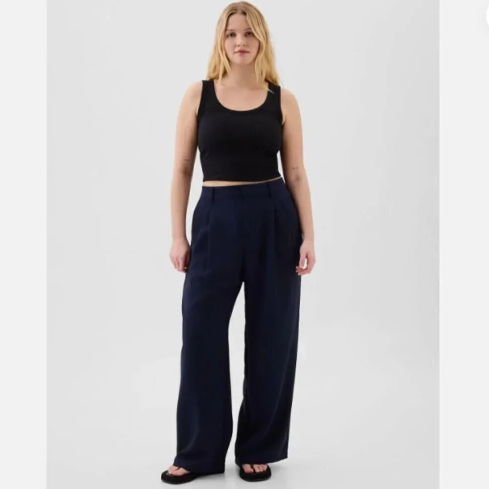 GAP Easy Crepe Drapey PLEATED Navy Blue Loose Straight Pants Size 12 TALL RT$80